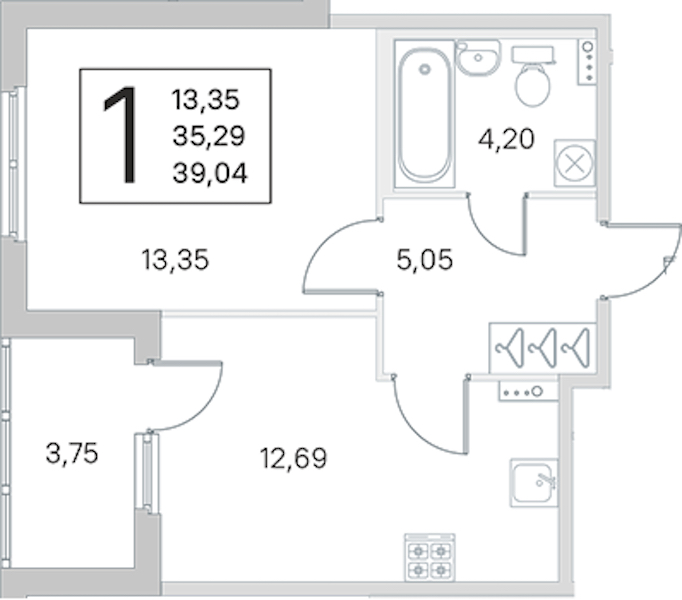 1-комнатная квартира 35.29 м², 1/4 эт., ЖК «Любоград в Стрельне»